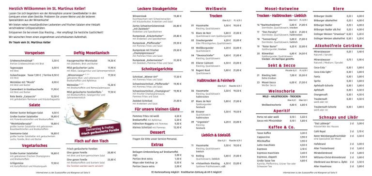 Liste mit Preisen für verschiedene Dienstleistungen und Bereichen, aufgeteilt in Kategorien.